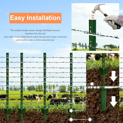 4 Feet (L) Fence Post 10 Pack Metal Fence Posts, Green Garden Fence Post with 20 Zip Ties and 20 Metal Clips, for Wire Fencing, Yard, Lawn, Outdoor Landscaping