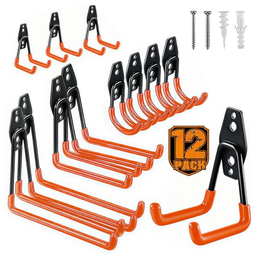 12 Pack Heavy Duty Garage Hooks, Steel Wall Mount Utility Hooks with Anti-Slip Coating, Storage Organizer for Hanging Ladders, Bikes, Power & Garden Tools, Hose, Ropes and Bulk Items-Orange