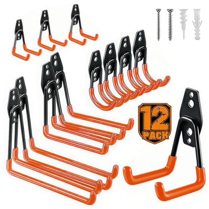 12 Pack Heavy Duty Garage Hooks, Steel Wall Mount Utility Hooks with Anti-Slip Coating, Storage Organizer for Hanging Ladders, Bikes, Power & Garden Tools, Hose, Ropes and Bulk Items-Orange