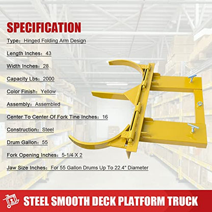 Forklift Double Drum Grabber, 2000 lbs Capacity Dual Drum Handler for 55 Gallon Steel & Plastic Barrels - color: Double Drum Grab
