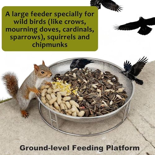 13-Inch Ground Bird Feeder and Bath Combo, Stainless Steel Feeding Platform for Birds & Squirrels, with Dual Birdseed Mesh Trays, Birdbath, Attracting Creatures to Backyard, Patio - color: bird feeder & bath combo