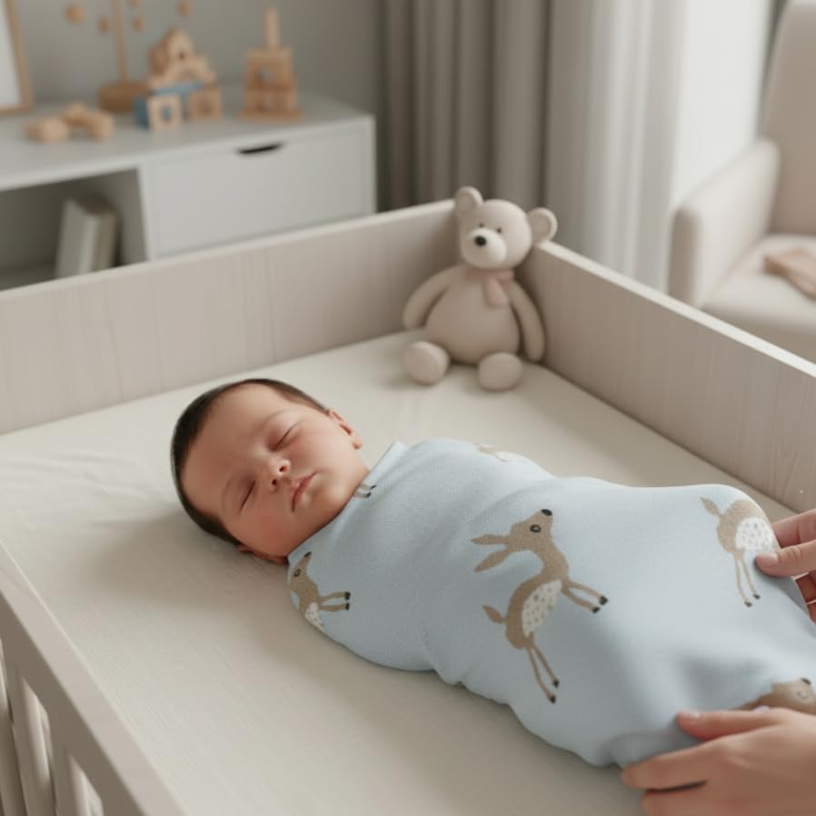 Knit Baby Swaddle Blanket - 100% Cotton Soft Cozy Receiving Swaddle Stroller Blanket for Shower Gift Registry for Newborns, Infants, Toddlers (Deer - Blue) - color: 09 - Deer - Blue