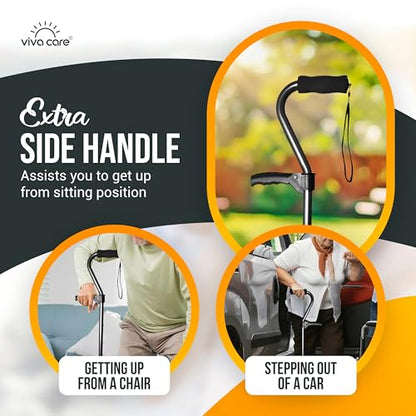 Walking Cane with 4 Prongs and Extra Side Handle – Adjustable, for Balance & Stability for Adults, Seniors, and Injured. - color: Black