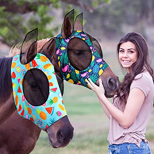 Weewooday 2 Pieces Horse Fly Masks for Horses Soft Fly Masks for Ears Smooth and Elasticity Mask with UV Protection(Summer Patterns,L) - size: L