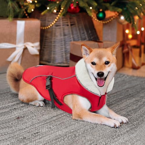 EMUST Dog Winter Coat, Waterproof Fleece Dog Jacket Winter for Medium Dogs - color: Red, size: Medium