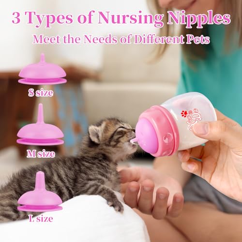 Pet Feeding Bottle,3 Pack 60ml Nursing Bottle, 3 Sizes Nipples with Ventilation Valve Resistant Tearing Perfect for Puppies, Kittens, Small Wildlife (Pink) - color: pink