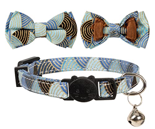 Collar for Cat Pet Breakaway with Bell Bowtie Detachable Bow Adjustable Safety Kitten Puppy Girl Boy 2pcs Kimono-Blue & Pink - color: Kimono-Blue & Pink