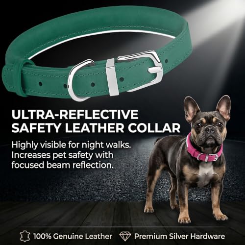 OOPSDOGGY Rolled Leather Dog Collar Reflective – Genuine Leather Round Dog Collar for Small Medium Large Dogs (Emerald Green, 8" - 11") - color: Emerald Green, size: 8" - 11"