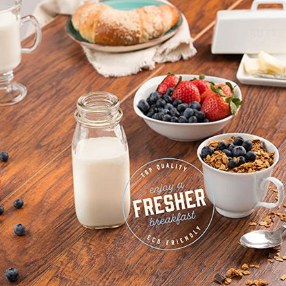 kitchentoolz 12 Oz Square Glass Milk Jugs with Caps - Perfect Milk Container for Refrigerator - 12 Ounce Glass Milk Bottle with Tamper Proof Lid and Pour Spout - Pack of 2