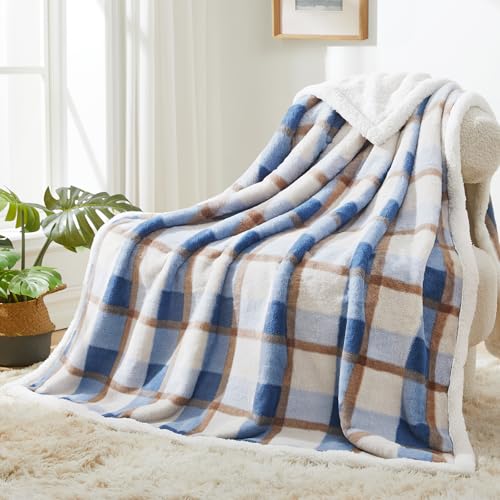 PU MEI Super Soft Faux Rabbit Fur Sherpa Fleece Throw Blanket, Reversible Luxury Cozy Cute Furry Blanket, Plush Warm Shaggy Fluffy Checkered Blankets for Sofa Couch Bed (Blue-Plaid, 60" x 80") - color: Blue-plaid, size: 60"*80"
