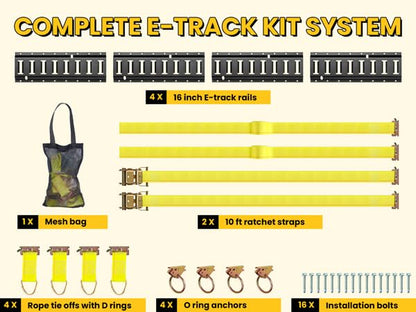 E Track Tie-Down Rail Kit, Trailer Tie Downs, 31 Pcs Set Etrack kit | 4 Rails , 4 Rope Tie Offs, 4 O Ring Anchors, 2 10ft straps, Securing Accessories for Garages, Vans, Trailers, Cargo (Yellow) - color: Yellow