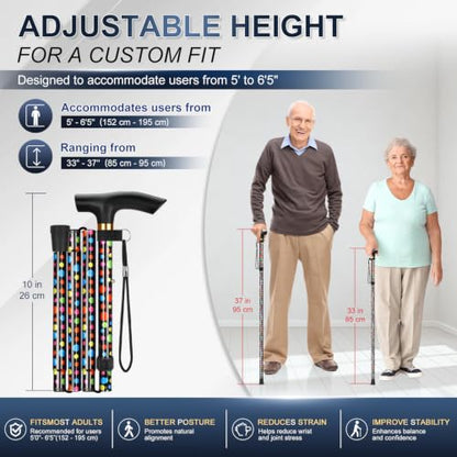 supregear Folding Cane, 5-Level Adjustable Height Walking Stick Lightweight Collapsible Portable Travel Cane with Wrist Strap and T Handle for Elderly Disabled Men Women - color: Black Polka Dots