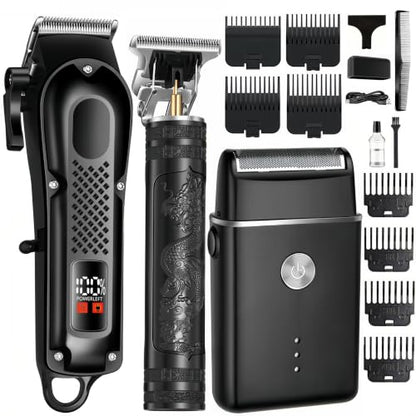 3-in-1 Hair Clippers for Men with LED, Beard Trimmer & Foil Shaver | Cordless USB Rechargeable Haircut Kit: 8 Guide Combs, T-Blade Detailing, Low-Noise, Nick-Free, Gift-Ready.