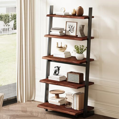 IBF 5-Tier Solid Wood Ladder Bookshelf with Natural Live Edge - size: 5-Tier