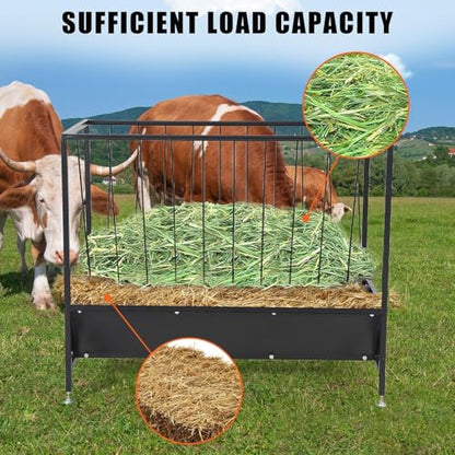 PeakPursuit Heavy Duty 50 Gallon Hay Feeder with 30 Gal Grain Pan，2-in-1 Steel Livestock Feeder for Horses, Cows, Sheep - Corrosion Resistant Powder Coated Black