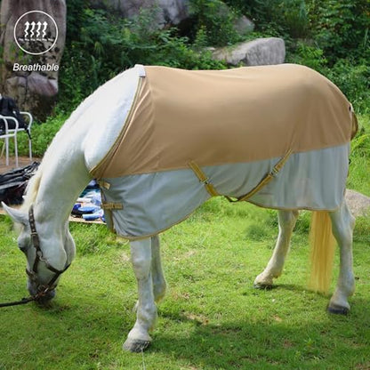 BARN & STABLE Breathable and UV Protective Tear-Resistant Mesh Horse Fly Sheet Comfy Equine Summer Sheet with Removable Web Leg Straps - color: Gold Silver, size: 69 in