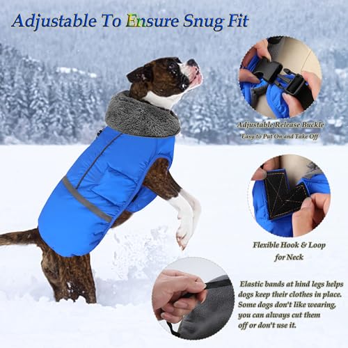 Dogcheer Warm Dog Coat, Waterproof Dog Jacket Christmas Puppy Winter Coat with Buckle, Reflective Adjustable Pet Snow Jacket Turtleneck Fleece Sweater for Small Medium Large Dogs - Blue, M - color: Blue, size: Medium