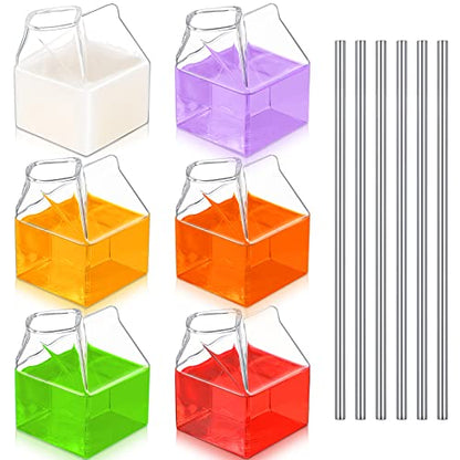 6 Pieces Clear Milk Carton Reusable Glass Container with 6 Stainless Steel Straws 12 oz Glass Milk Bottle Mini Creamer Pitcher Milk Carton Cup Hand Blown Box for Cocktail Juice Coffee Hot Water Coffee