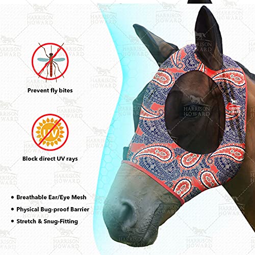 Harrison Howard Super Comfort Stretchy Fitting Horse Fly Mask with UV Protection Soft on Skin with Breathability Orange Paisley M Cob
