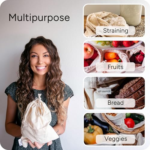 LEAFICO Organic Cotton Produce Bags - Medium 8x10 Inch (12 Bags) - Reusable Muslin Storage Bags with Drawstrings - Biodegradable Canvas Fabric - Perfect for Snacks, Clothes - size: Medium 8x10"