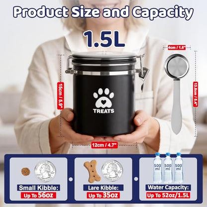 ENONCI Airtight Dog Treat Canister, 304 Stainless Steel Food Storage Jar with Date Dial Black-1.5L - color: Black, size: 1.5l