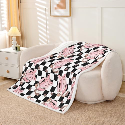 Erosebridal Cowgirl Western Fleece Blanket,40"X50" Kids Pink Bow Sherpa Blanket,Black and White Buffalo Plaid Fuzzy Plush Throw for Kids Girls Adults Women Cowgirl Boots Throw Blankets - color: Black Pink White, size: 40"x50"
