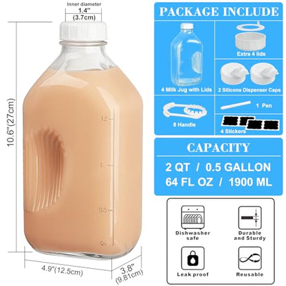 Syntic 4 Pack 64 Oz Glass Milk Bottles with Lids,Measurement Marks | Scale Marks, 2 Pour Spouts & Airtight Lids for Milk, Juice, Water, Breast Milk Storage, Refrigerator Storage & Daily Use - style: 4 Pack