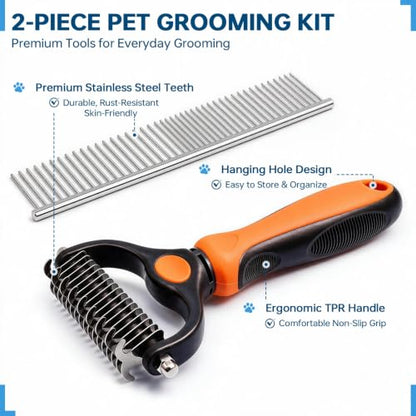 Pet Grooming Comb, Deshedding Dog Brush & Undercoat Rake, Orange - color: Orange
