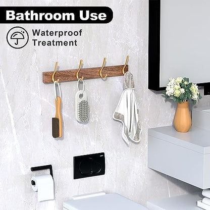 17 Inch Walnut Wood Wall Mounted Coat Rack with 4 Gold Double Hooks, Adhesive Mounted Entryway Hooks, Modern Natural Wooden Pegs for Hanging Coat Clothes Hat Bag Purse Key and Towel - color: Coat Rack with 4 Gold Hooks