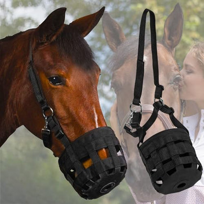 Durable Ventilated Grazing Muzzle with Attached Breakaway Halter - Lightweight Horse Muzzle, Supports Natural Grazing, Restricts Food Intake, Padded Noseband - color: Onyx Black