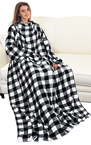 Catalonia Wearable Blanket with Sleeves for Women & Men, Fleece Wrap Throw - color: Plaid White