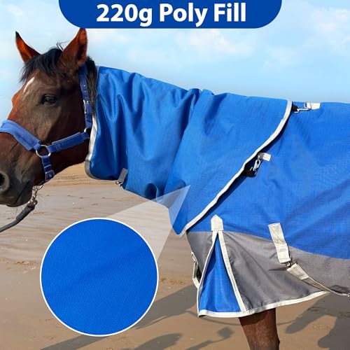 1200D Turnout Horse Blanket with Hood, Medium Weight, Blue/Grey, 78 in - color: Blue/Gray, size: 78 IN
