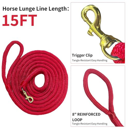 Horse Lead Rope, Double Braided Nylon, Soft Comfort Grip, with Quick Halter Attachment, 1/2" x 15ft,Red - color: Red
