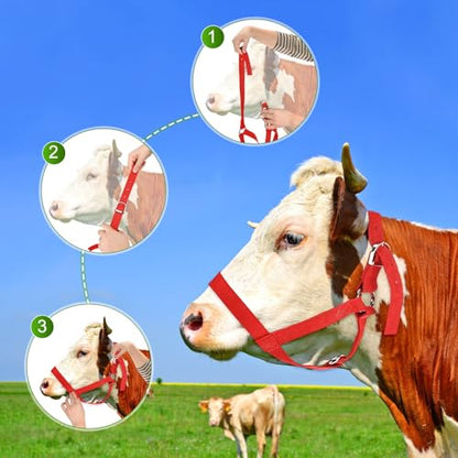 M METERXITY 2-Pack Adjustable Cattle Cow Calf Halter, 19.68"-23.62" Nylon Livestock Cow Halter for Miniature Horse/Donkey/Goat/Cattle [Red]