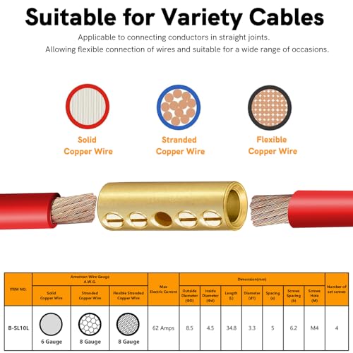 8 Gauge Wire Butt Connectors 10 PCS Brass Mechanical Butt Splice Connectors Kit 8 AWG Mechanical Repair Splice Kit Splice Screw Sleeves 10 PCS Mechanical Splices & 3:1 Heat Shrink Tubes - size: 8 Gauge, style: Mechanical Splice - Bare Pure Brass