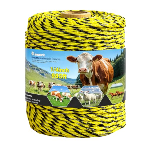 Electric Fence Wire 985 Feet 300 Meters Electric Fencing Poly Wire Rope Line with Reliable Conductivity and Rust Resistance, UV Resistant 1/8inch Diameter - Yellow Black - color: Yellow & Black, size: 1/8 x 985FT