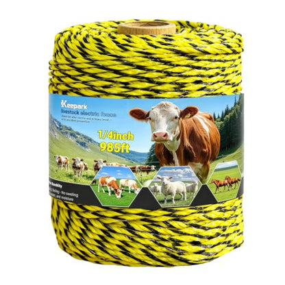 Electric Fence Wire 985 Feet 300 Meters Electric Fencing Poly Wire Rope Line with Reliable Conductivity and Rust Resistance, UV Resistant 1/8inch Diameter - Yellow Black - color: Yellow & Black, size: 1/8 x 985FT