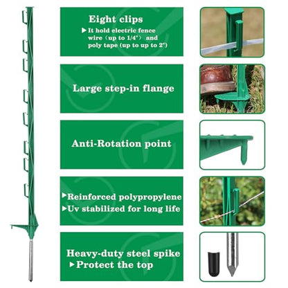 50 Pack 48'' Plastic Step-in Electric Fence Posts,Temporary Fence Stakes - color: Green, size: 50 Pack