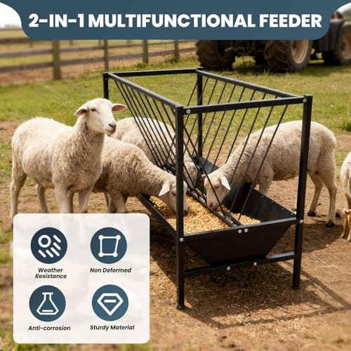 2 in 1 Hay Feeder 45 Gallon Hay Storage Plus 25 Gallon Grain Trough Heavy Duty Galvanized Steel Livestock Feeder Rust Prevention Anti Deformation for Goats Sheep Horses Cows Pigs