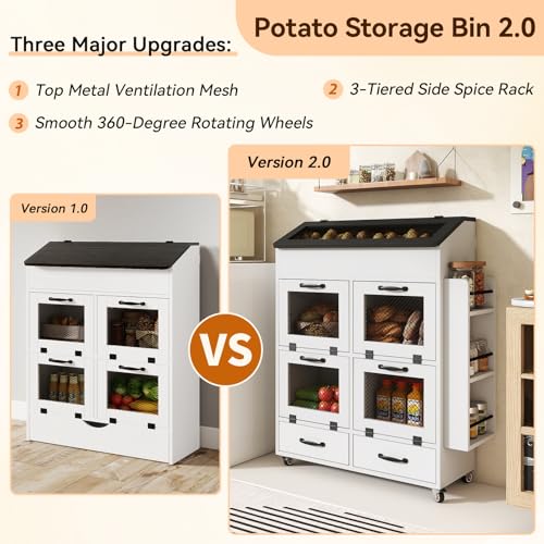 Verano Garden 31.5" Large Potato and Onion Storage Bin on Wheels, Bread Box - color: White, size: 31.5"