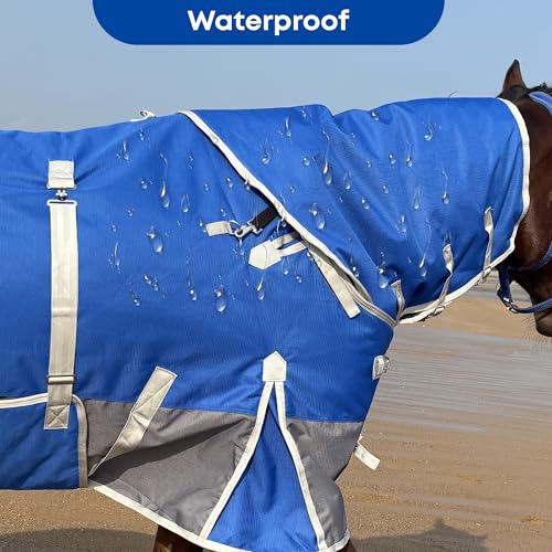 1200D Turnout Horse Blanket with Hood & Band, Medium Weight, Blue/Grey,78IN - color: Blue/Gray with Band, size: 78 IN