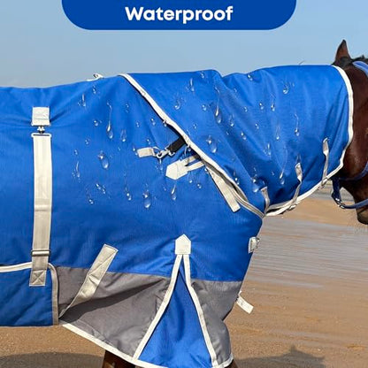 1200D Turnout Horse Blanket with Hood & Band, Medium Weight, Blue/Grey,78IN - color: Blue/Gray with Band, size: 78 IN
