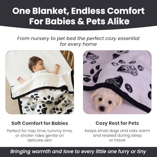 Baby & Pet Blanket 100% Cotton with Sherpa Fleece – Soft Stroller & Cuddle Blanket for Baby, Dog & Cat – Breathable, Hypoallergenic, Washable – 30x40 All-Season Blanket Black - color: Black Paw/ Beige