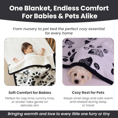 Baby & Pet Blanket 100% Cotton with Sherpa Fleece – Soft Stroller & Cuddle Blanket for Baby, Dog & Cat – Breathable, Hypoallergenic, Washable – 30x40 All-Season Blanket Black - color: Black Paw/ Beige