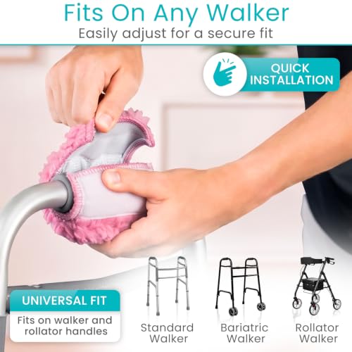Vive Premium Walker Handle Cushions - Extra Soft Faux-Sheepskin Padded - color: Pink