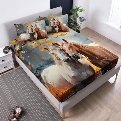 White Brown Horses Bedding Full Size,1 Fitted Sheet+2 Pillowcases. - color: Yellow-black, size: Full