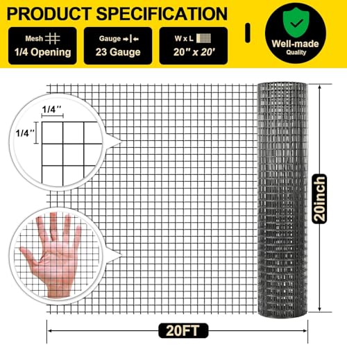 Black Hardware Cloth 20'' x 20' PVC Steel Vinyl Coated 1/4 inch Galvanized Wire Mesh Roll (23 GA) Chicken Wire Fence Roll, for coop Fences,Screen mesh, Rabbit/Snake Fences, Poultry enclosures, etc. - color: 23(GA)-1/4inch, size: 20In x 20Ft