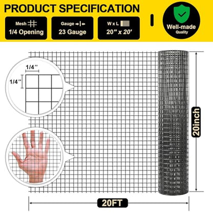 Black Hardware Cloth 20'' x 20' PVC Steel Vinyl Coated 1/4 inch Galvanized Wire Mesh Roll (23 GA) Chicken Wire Fence Roll, for coop Fences,Screen mesh, Rabbit/Snake Fences, Poultry enclosures, etc. - color: 23(GA)-1/4inch, size: 20In x 20Ft
