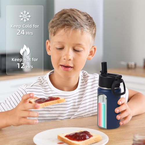 Volhoply 14oz KIds Stainless Steel Insulated Leakproof Water Bottle with Straw Lid and Silicone Boot,BPA-Free Easy Use for Boys&Girls,Double Wall Vacuum Bottles(Navy,1) - color: Navy