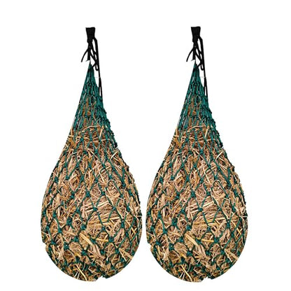 Majestic Ally 2 pcs Slow Feed 42” Hay Net for Horses, Strong Small 2x2” Holes, Nylon Rope Hanging, Adjustable Travel Feeder for Trailer and Stall, Simulates Grazing, Reduce Waste - color: Hunter Green
